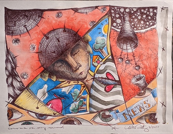 "Corona on My Mind," a watercolor and ink piece by Michele Rattigan, MA, ATR-BC, NCC, LPC, an associate clinical professor in Creative Arts Therapies